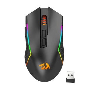 A black gaming mouse with RGB lighting accents, featuring two buttons and a USB receiver beside it.