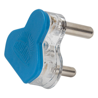 Blue plastic plug top with 3 pins, showcasing durable construction and distinctive design.
