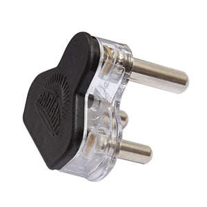 Black plastic plug top with 3 pins, showcasing durable construction and distinctive design.