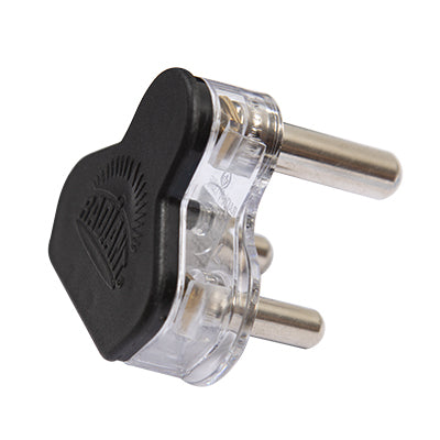 Black plastic plug top with 3 pins, showcasing durable construction and distinctive design.