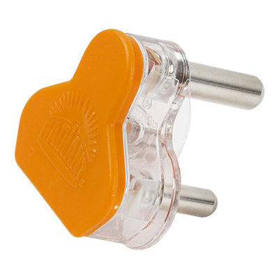 Orange plastic plug top with 3 pins, showcasing durable construction and distinctive design.
