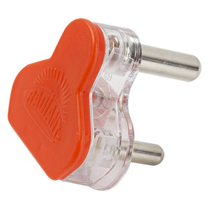Red plastic plug top with 3 pins, showcasing durable construction and distinctive design.