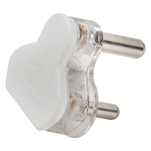 White plastic plug top with 3 pins, showcasing durable construction and distinctive design.