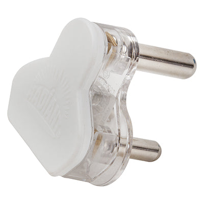 White plastic plug top with 3 pins, showcasing durable construction and distinctive design.