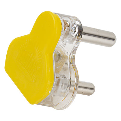 Yellow plastic plug top with 3 pins, showcasing durable construction and distinctive design.
