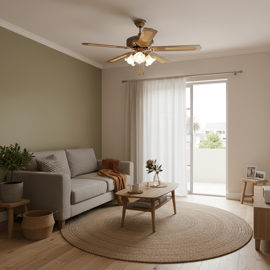 Rattan ceiling fan with light in a cozy living room setting, featuring a grey sofa and wooden coffee table.