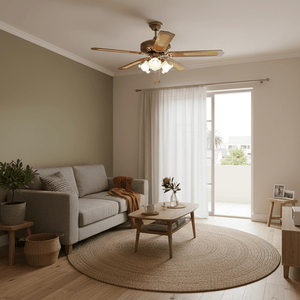 Rattan ceiling fan with light in a cozy living room setting, featuring a grey sofa and wooden coffee table.