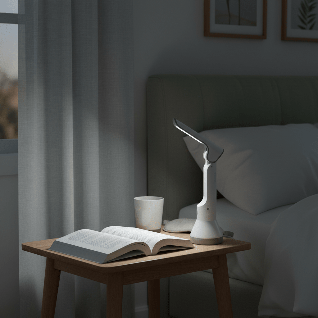 White lamp on wooden bedside table beside open book and cup, with bed and curtains behind.