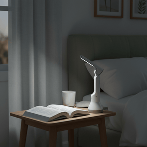 White lamp on wooden bedside table beside open book and cup, with bed and curtains behind.