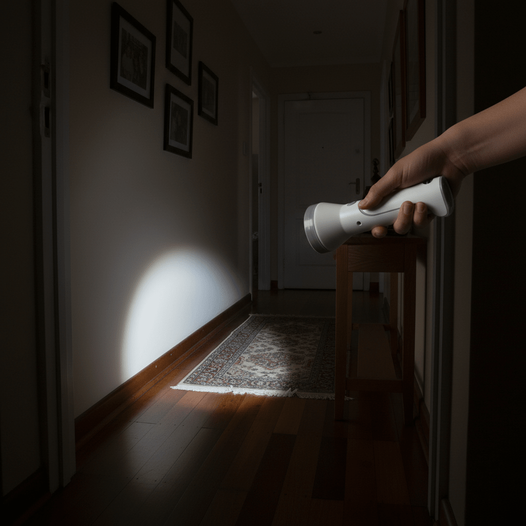 Hand holding white rechargeable flashlight/desk lamp illuminating a hallway wall and patterned rug.