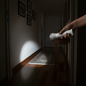 Hand holding white rechargeable flashlight/desk lamp illuminating a hallway wall and patterned rug.