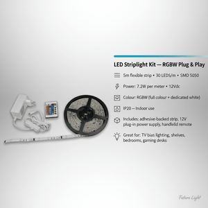LED Striplight Kit components including a 5m flexible strip, power supply, and remote control.