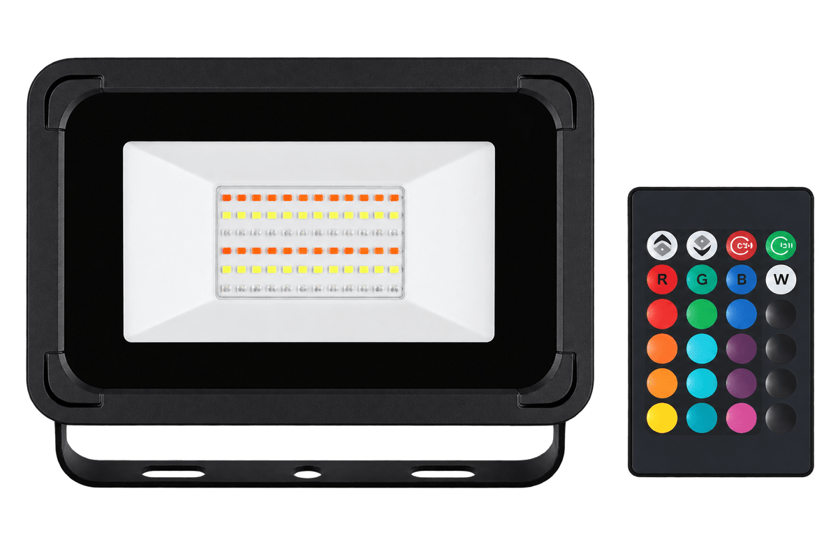 Transparent cutout of the 100W RGBW LED floodlight with remote