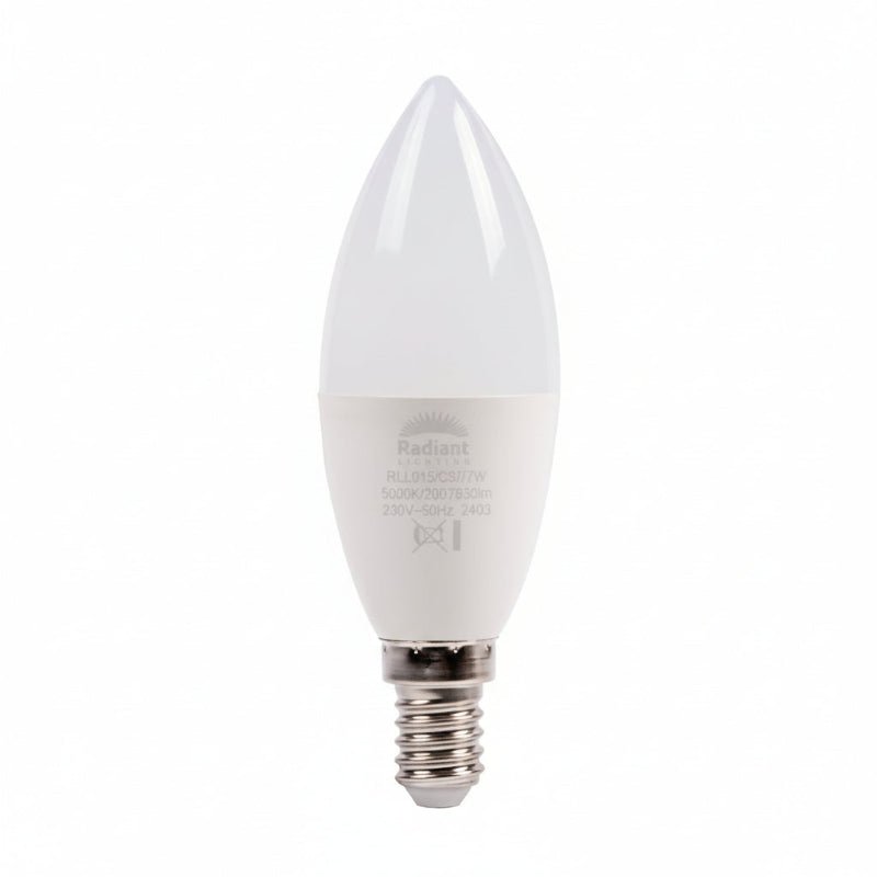 Candle-shaped LED light bulb with E14 base on a white background