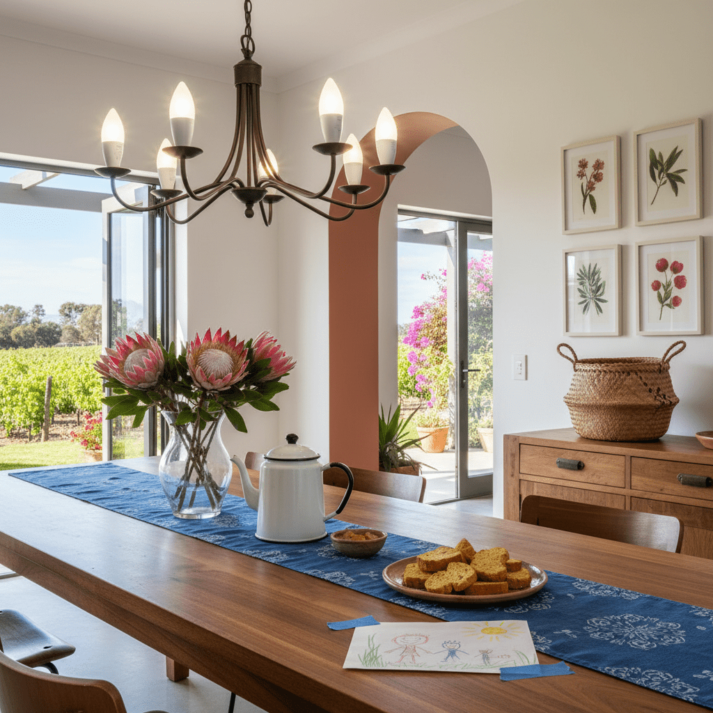 A dining table set with a blue runner, flowers, and snacks, illuminated by a chandelier with candle bulbs.