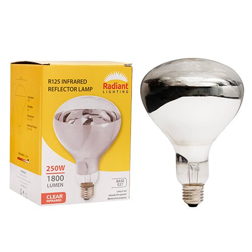 Radiant Lighting R125 Infrared Heating Reflector Lamp with packaging on a white background