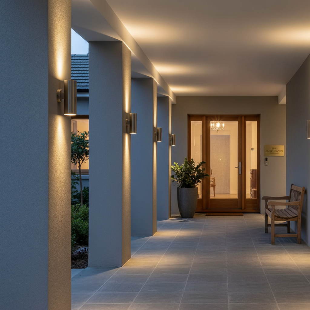 Outdoor wall lights illuminate a modern entrance with a sleek design, enhancing the ambiance.