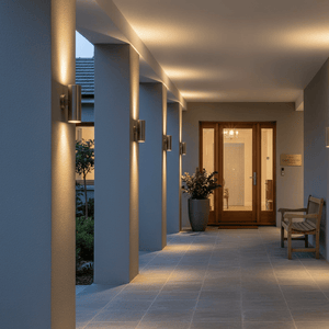 Outdoor wall lights illuminate a modern entrance with a sleek design, enhancing the ambiance.