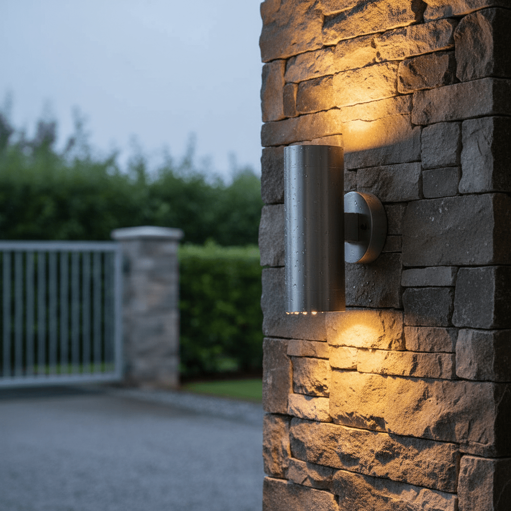 Beam Up Down Outdoor Wall Light mounted on a stone wall, illuminating the surface with warm light.