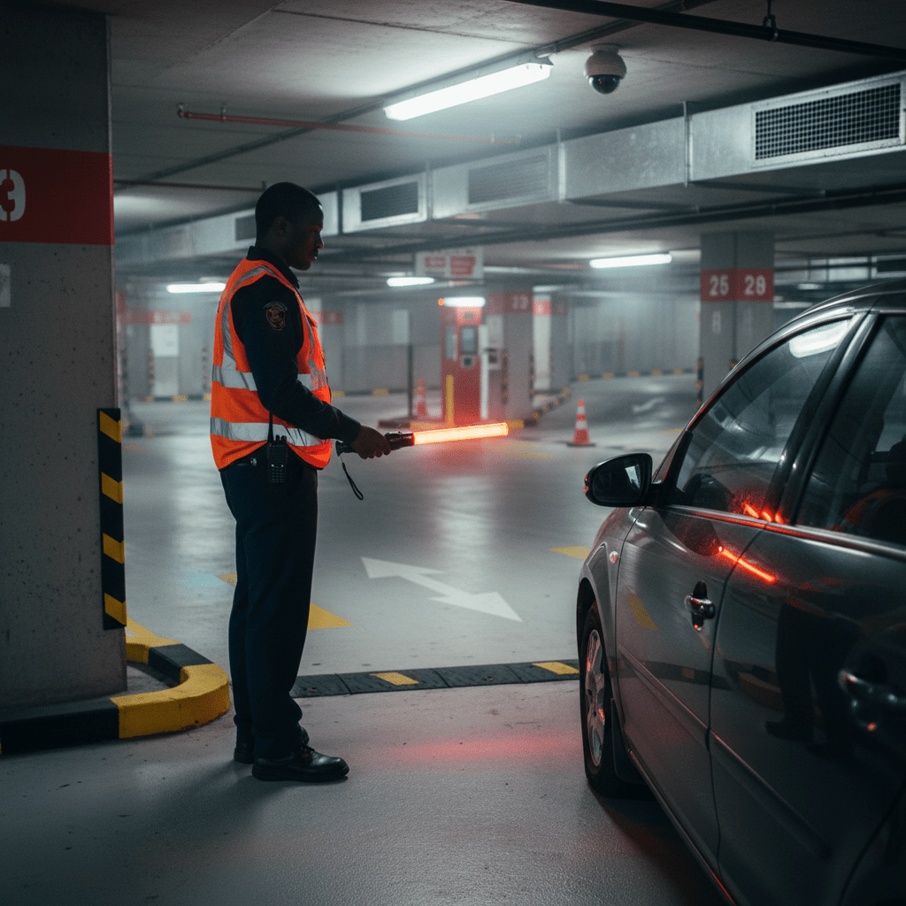 A security personnel using a red LED traffic baton in a parking garage to direct a vehicle.
