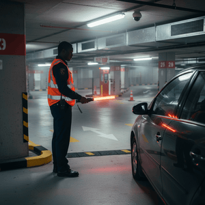 A security personnel using a red LED traffic baton in a parking garage to direct a vehicle.