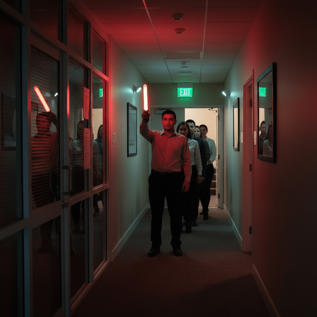 A person holding a red LED traffic baton in a hallway, guiding a line of people towards an exit.