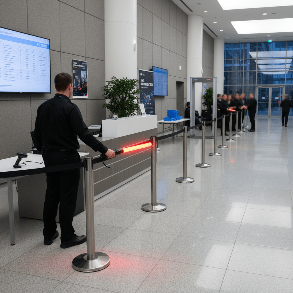 A person in black attire holding a red LED traffic baton in a modern indoor space, directing a queue.