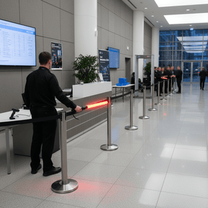 A person in black attire holding a red LED traffic baton in a modern indoor space, directing a queue.