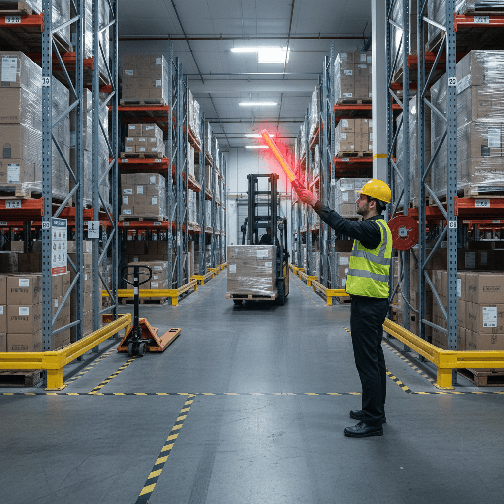 A worker in a safety vest and helmet uses a red LED traffic baton in a warehouse for signaling.