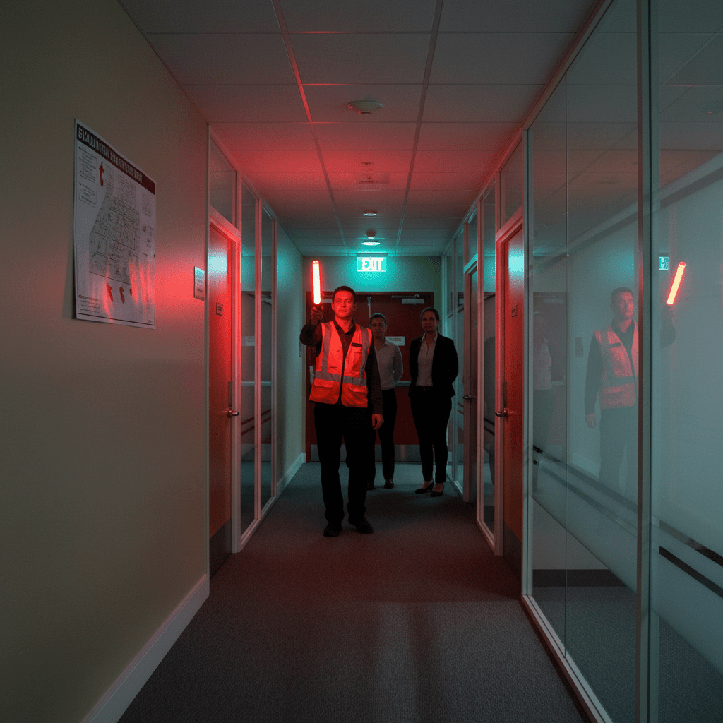 A person in a safety vest holds a red LED traffic baton in a well-lit office hallway, signaling to others.
