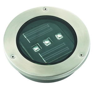 Stainless steel solar-powered LED deck light with two LEDs and IP65 rating for outdoor use.