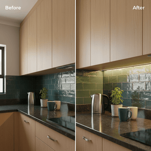 Before and after comparison of a kitchen with updated led striplighting.