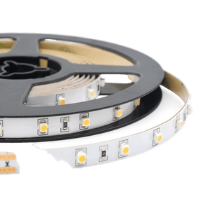 A coiled roll of blue LED strip light with visible yellow diodes, mounted on a black spool.