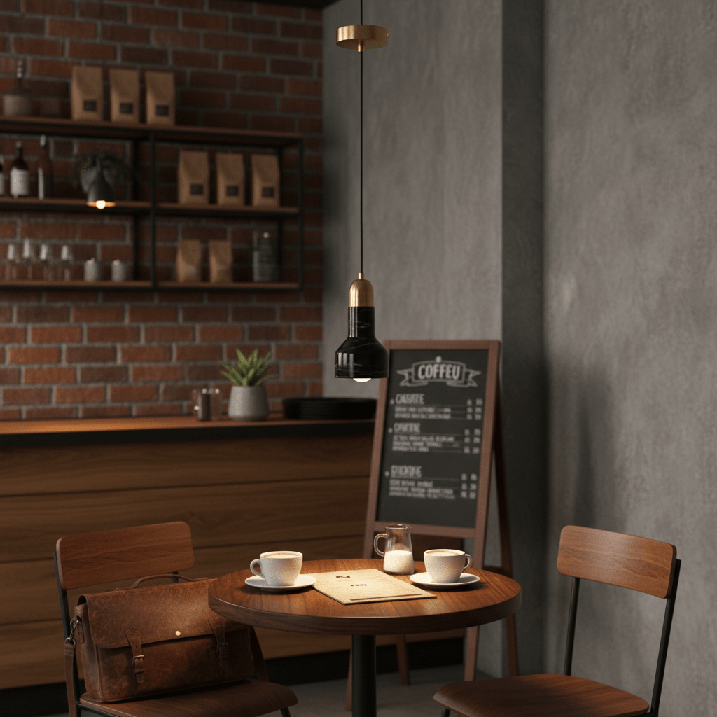 Stylish black marble and gold pendant light hanging over a wooden table in a cozy café setting.