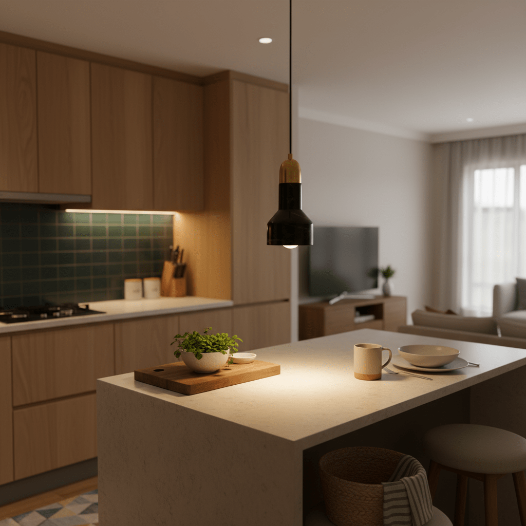 Stylish black marble and gold pendant light hanging over a kitchen island with a plant and tableware.