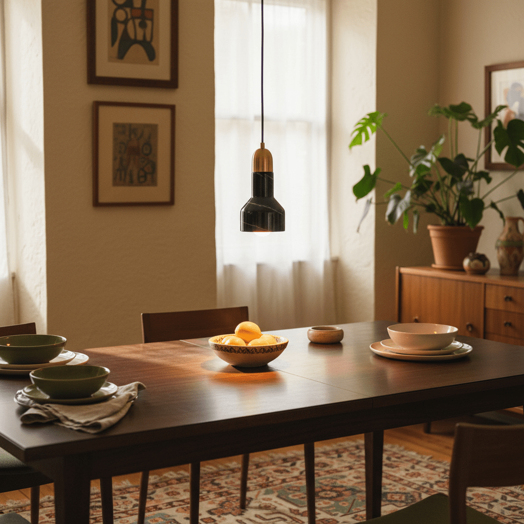 Stylish black marble and gold pendant light hanging above a dining table set with plates and a bowl of lemons.