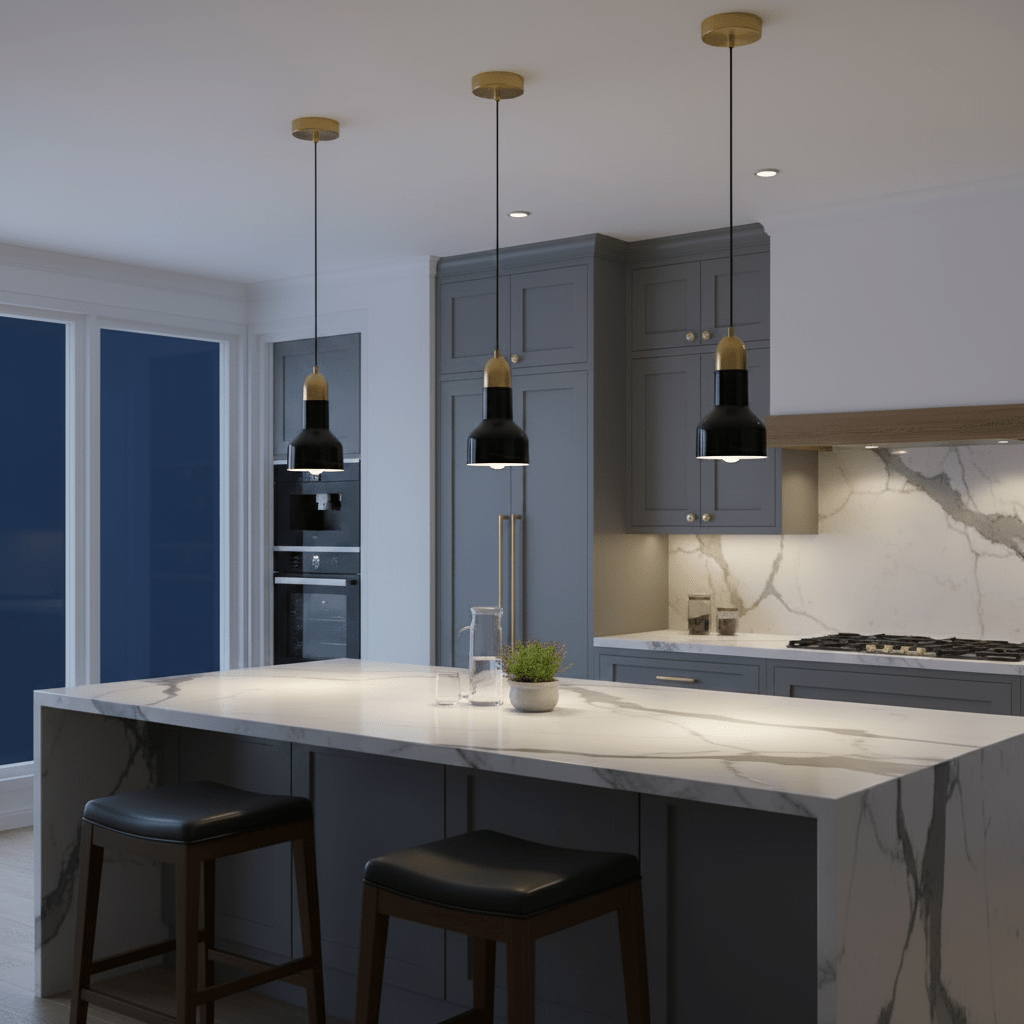 Three black marble and gold pendant lights hang above a modern kitchen island with a marble countertop.