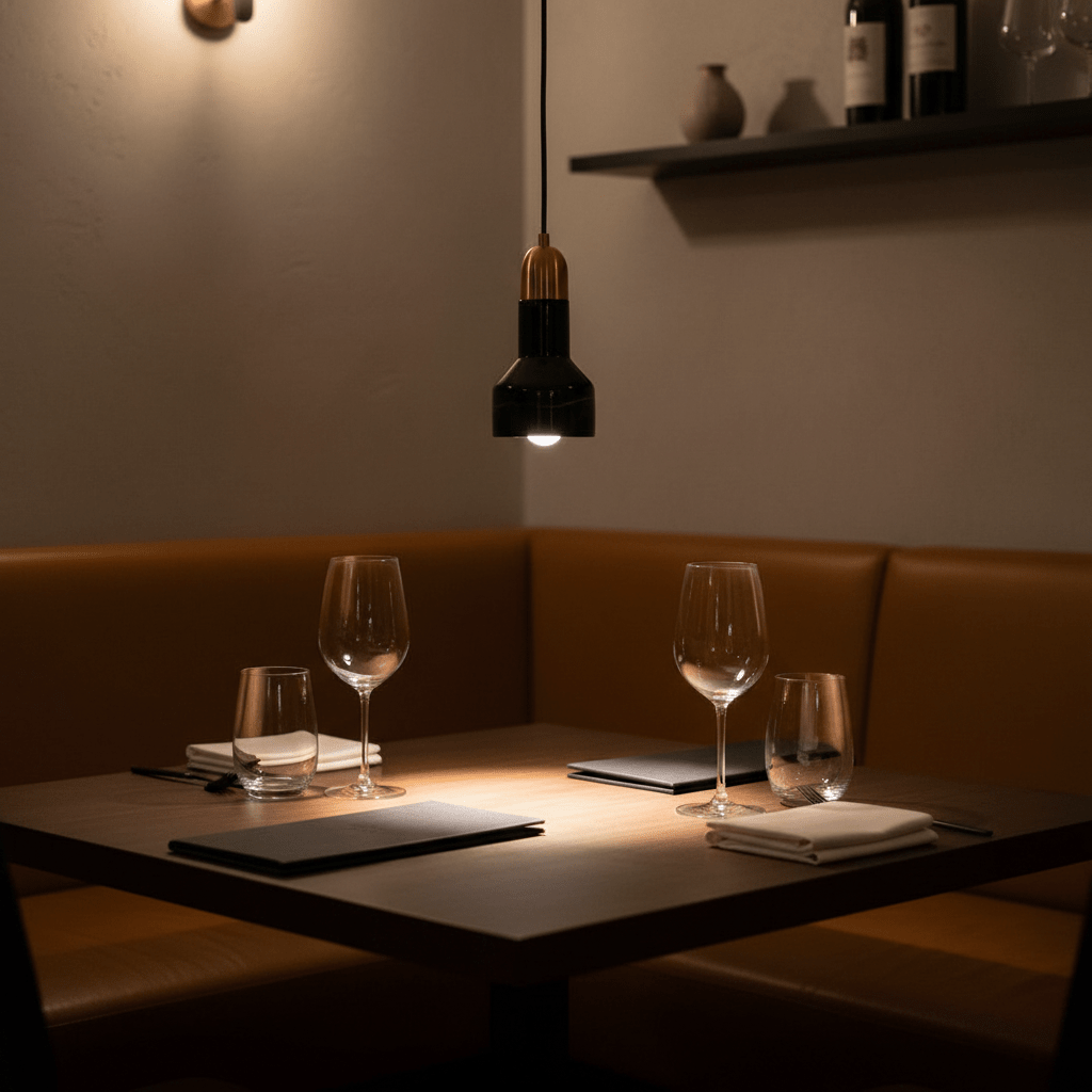Stylish black marble and gold pendant light illuminating a dining table set with glasses and menus.