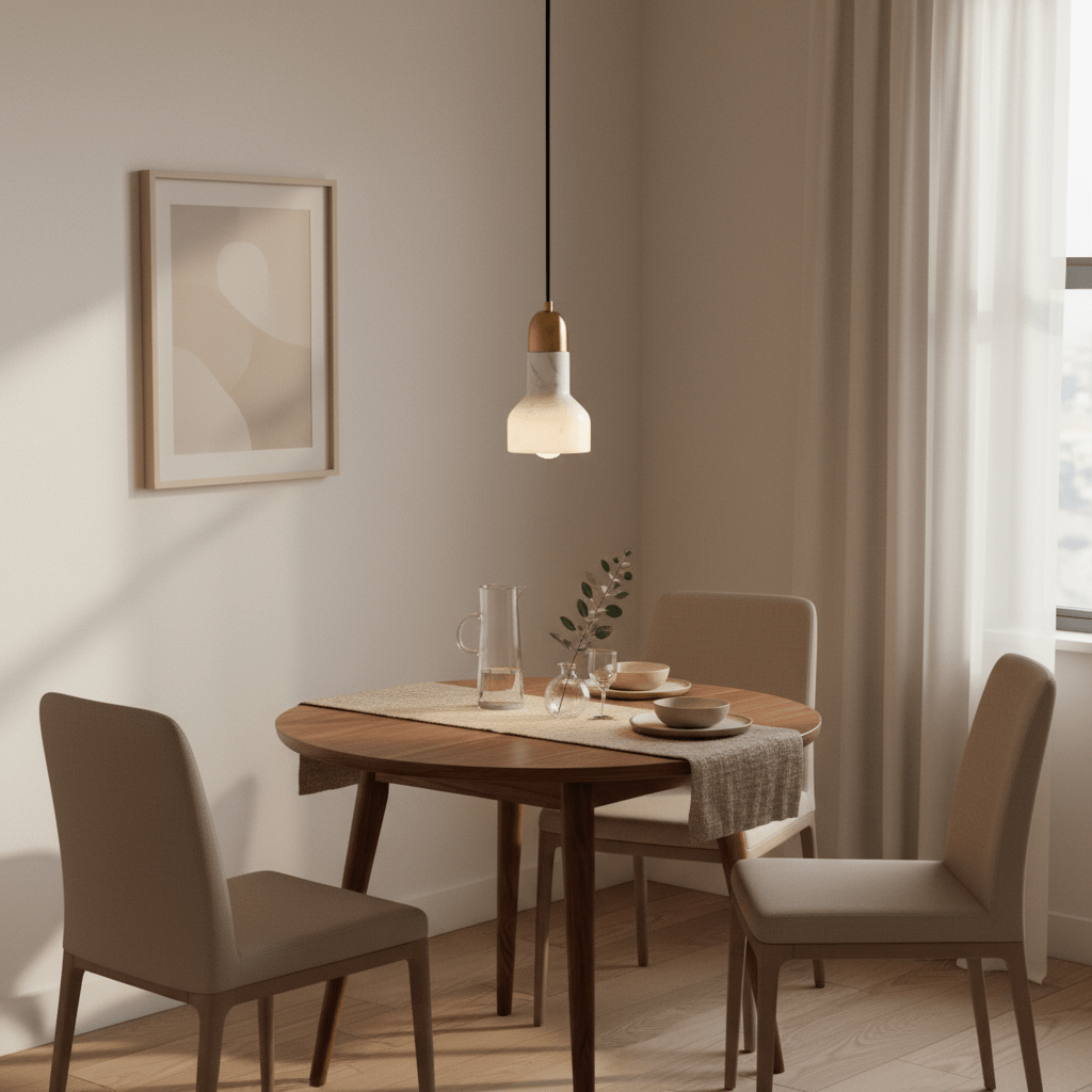 Stylish white marble and gold pendant light hanging above a wooden dining table set with plates and a water pitcher.