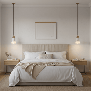 Two marble and gold pendant lights hang above a cozy bed with neutral bedding and wooden nightstands.