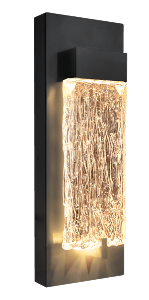 Modern wall-mounted light fixture with a black frame and textured glass shade on a white background