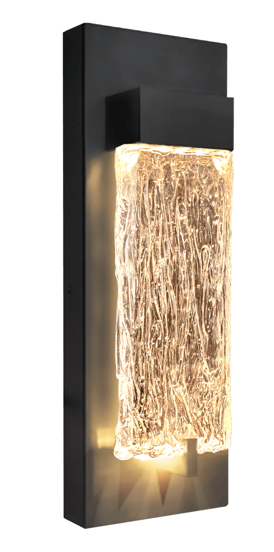 Modern wall-mounted light fixture with a black frame and textured glass shade on a white background