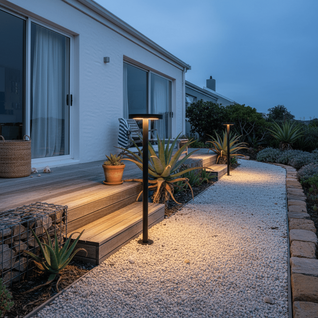 Modern solar bollards illuminating a garden pathway with warm light, surrounded by plants and steps.