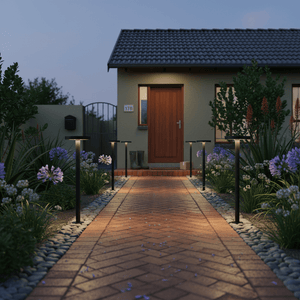 A pathway illuminated by modern solar bollards, surrounded by flowers and greenery, leading to a front door.