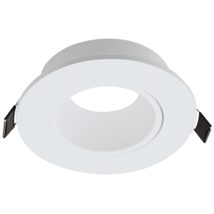 Round white polycarbonate downlight holder with tilt feature for LED bulbs.