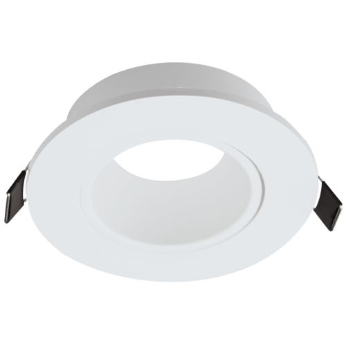 Round white polycarbonate downlight holder with tilt feature for LED bulbs.