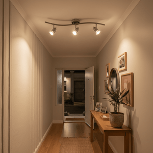 Three‑head ceiling spotlight lights a narrow entry corridor, showing a console table with plant and photos.