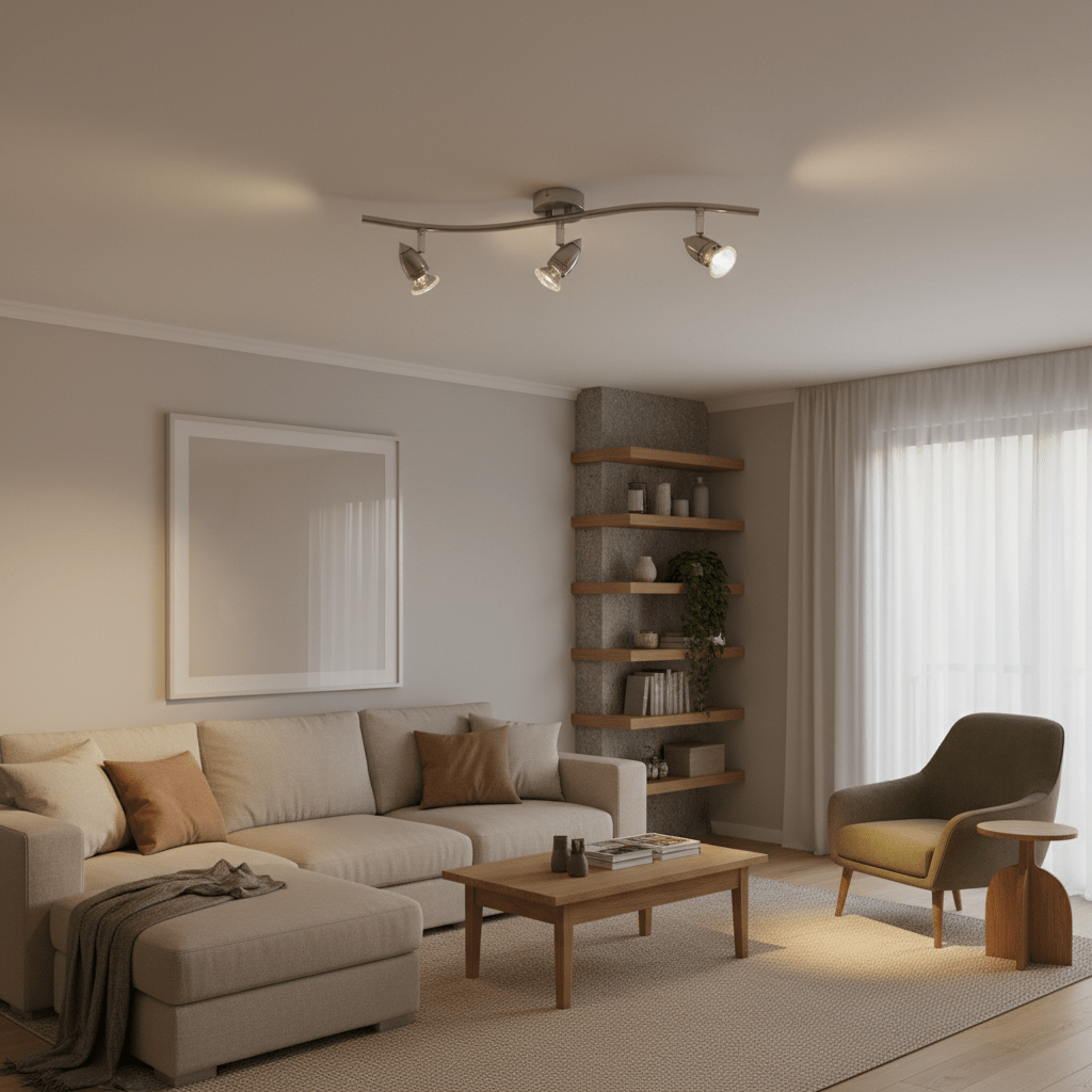 Three‑head ceiling spotlight shines on a sectional, coffee table, armchair and shelving unit.