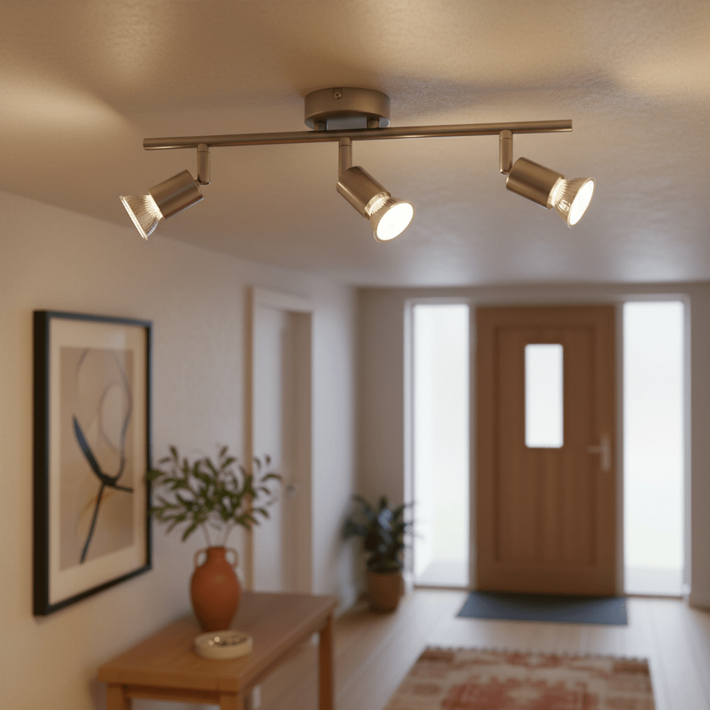 Three satin chrome ceiling spotlights on a bar, lit, in hallway with artwork, console table, vase, plant, door and rug