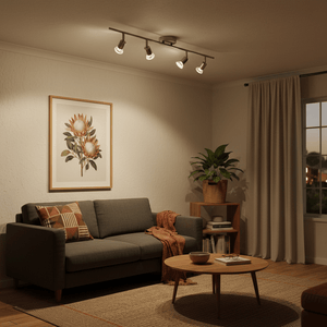 Satin chrome ceiling spotlight illuminating a cozy living room with a sofa, artwork, and plants.